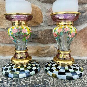 RARE! Fabulous MacKenzie-Childs Glass Circus Painted Awning Candle Holders